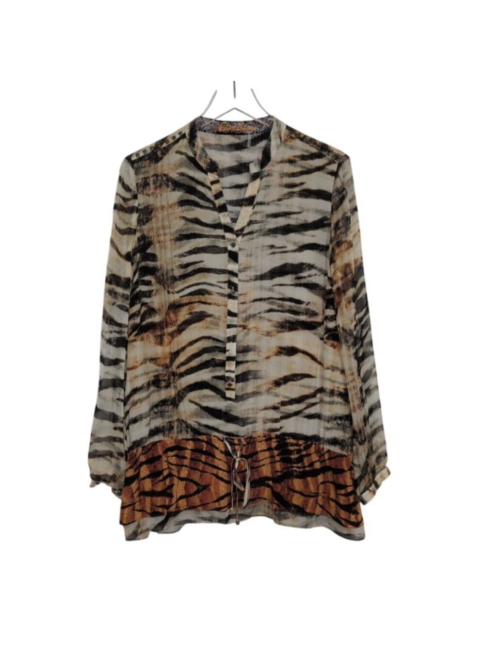 Robert Graham Silk Tiger Blouse Womens Size Large Brown Studded Boho Peplum